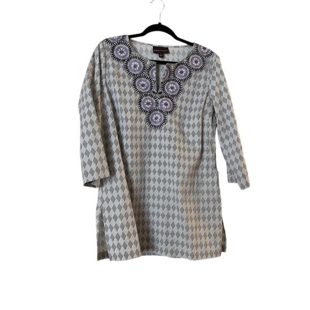 Dana Buchman boho print tunic top with embroidered medallions, gray purple white